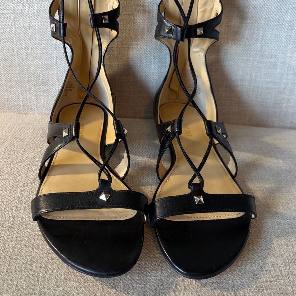 Ivanka Trump Size 8.5 Camila Tall Black Leather Silver Studded Gladiator Sandals - Picture 2 of 15